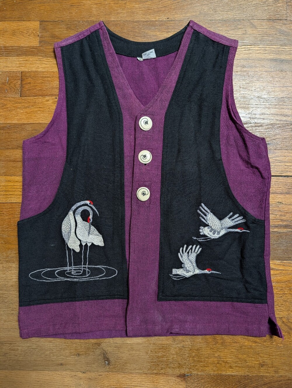Vintage Art to Wear Japanese Crane Embroidered Vest Purple Black Woven Asian Med - Picture 3 of 16